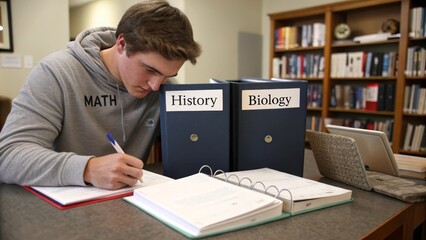 Focused student studying in library surrounded by history and biology books