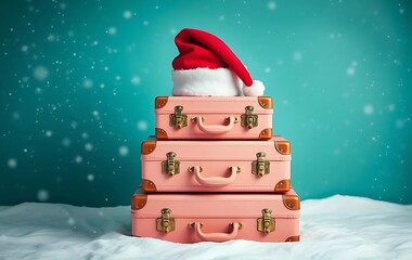 suitcase ready for holiday adventures amidst a snowy backdrop. Ideal for travel brochures, holiday greeting cards, or social media posts celebrating the spirit of the season!banner/web/design/flyer