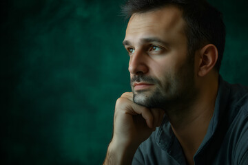 Portrait of a man deep in thought, looking serious on a dark green background, close up