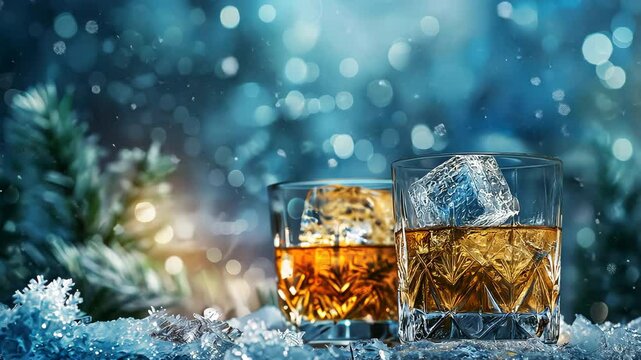 Two whiskey or scotch glasses standing on the snow surface in forest. Alcoholic drink. Festive winter theme.