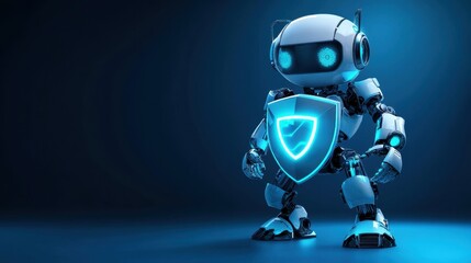 A bold robot with a glowing cyber shield, standing confidently on a blue background symbolizing advanced digital safety