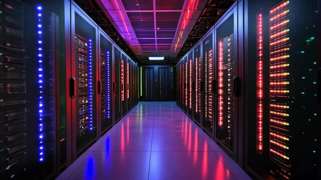 Data center with illuminated server racks showcasing modern technology and infrastructure