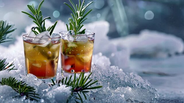 Two shot glasses of gin cocktail or herbal tincture with rosemary on a snow surface. Winter theme for advertising alcoholic drinks.