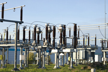 High voltage power line, Power lines sunset. Electricity storage, power plant.