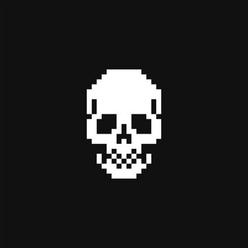 Human skull pixel art icon, isolated on black background vector illustration. 8-bit sprite. Design stickers, logo, mobile app, embroidery. 