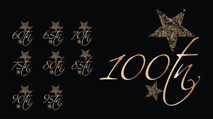 Elegant copper and gold anniversary logos celebrating fifteen to fifty-fifth and seventieth anniversaries