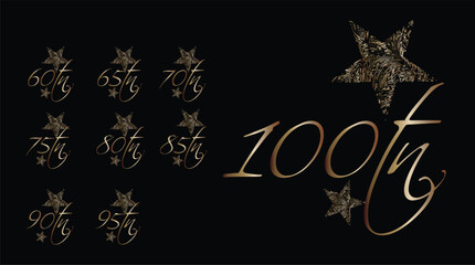 Elegant copper and gold anniversary logos celebrating fifteen to fifty-fifth and seventieth anniversaries