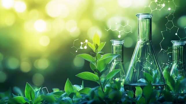 Biology laboratory with plants and biochemical structures on green background, nature and science concept