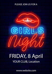 Ladies only neon label. Girls night poster. Vertical template. Free enter for female. Vector stock illustration