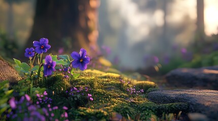 Vibrant purple flowers bloom in a sun-dappled forest, nestled amongst moss-covered rocks and trees.