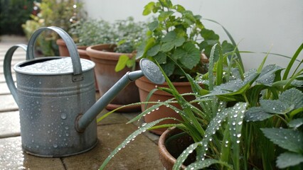 Morning dew on garden plants with metal watering can