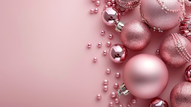 Aerial view of pink christmas tree ornaments and shimmering confetti on soft pink background