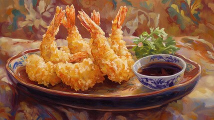A close-up of tempura shrimp in a crisp batter, placed on a traditional Japanese dish with a small bowl of soy sauce and a few greens as garnish