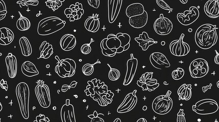 Seamless doodle pattern of various vegetables on black background