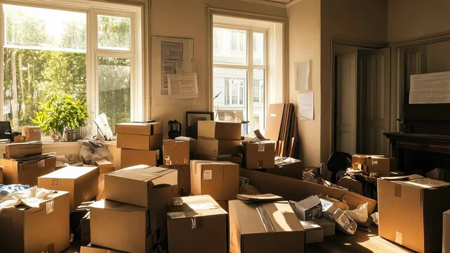 Moving Day Chaos with Cardboard Boxes in Sunlit Room