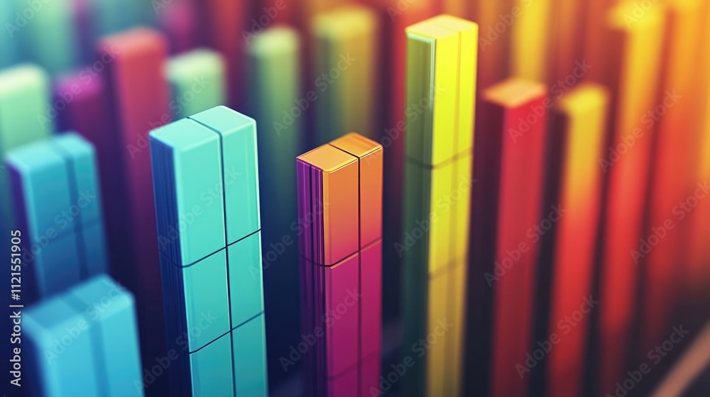 Poster a colorful 3d bar graph with each bar representing a different data point, set against a soft gradie