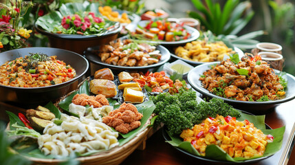 A table filled with a variety many kind of dishes, The meal is served on a light wooden table in restaurant, A beautifully arranged table featuring diverse dishes.