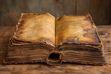 an open antique book with worn leather bindings and worn, tarnished pages. 