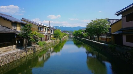 A serene canal scene with traditional buildings and lush greenery under a clear blue sky.