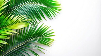 Fototapeta premium Isolated Green Palm Tree Leaves on White Background - Perfect for Tropical Designs, Nature Themes, and Fresh Aesthetic - High-Quality Cut Path Image for Creative Projects