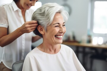 A hairdresser styles the hair of an elderly gray-haired woman.