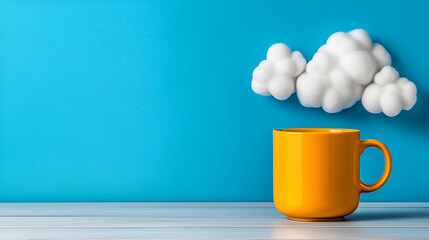 A vibrant yellow mug sits on a wooden table against a bright blue background, with fluffy white clouds hovering above it.
