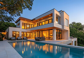 Modern two-story house with a pool and terrace, front view. Large white family home with a black roof. High-resolution, detailed rendering of architecture,