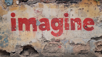 Word "imagine" in red graffiti on an old, cracked wall