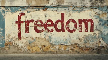 Graffiti of the word "freedom" is written in red on an old wall, the letters have become worn and peeling with age