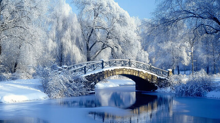A small stone bridge covered in snow, arching over a frozen river, surrounded by winter trees.