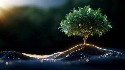 Abstract image of a virtual fintech ecosystem growing like a tree, symbolizing investment growth