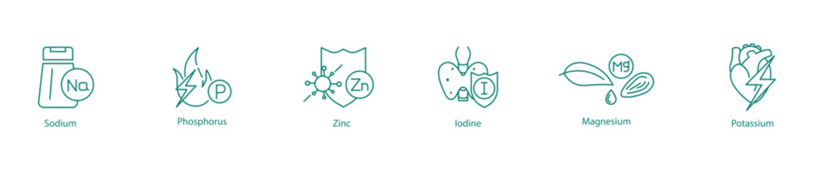 Vital Minerals Icon Set - Sodium, Phosphorus, Zinc, Iodine, Magnesium, and Potassium for Wellness