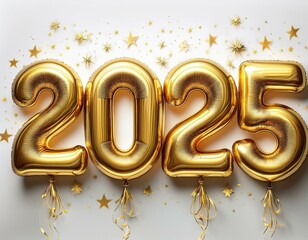 The numbers "2025" are shown as gold foil balloons against a white background. Small golden confetti is scattered around, adding a celebratory and festive vibe. The balloons have strings at the bottom