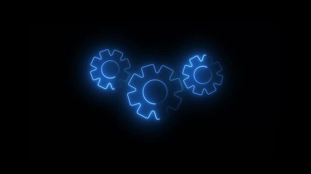 Spinning gears Neon Line animation, Glowing neon line setting icon on Black Background