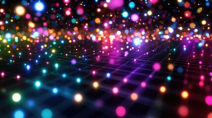A futuristic 3D scatter plot with floating glowing points in bright colors, set against a sleek dark grid background