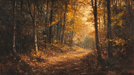 Autumnal forest path, golden light, trees.