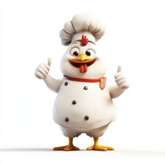 Happy Chef Chicken Cartoon Thumbs Up 3D Render Mascot Food Restaurant Cute White Background