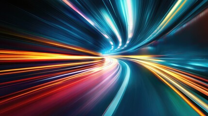 A futuristic cityscape illuminated by streaks of light moving rapidly through the streets, creating a high-tech, dynamic atmosphere