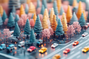 Obraz premium Colorful miniature landscape with trees and cars urban environment digital art aerial viewpoint nature concept
