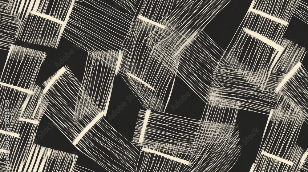 Poster a geometric pattern of intersecting lines creating sharp, dynamic shapes, on a dark background with 