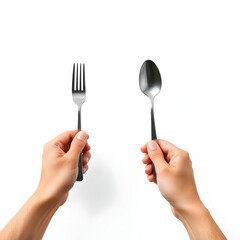 Hands holding fork and spoon isolated on the blank