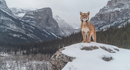 Obraz premium A depiction of a cougar, also known as a mountain lion or puma, set against a backdrop of winter mountains