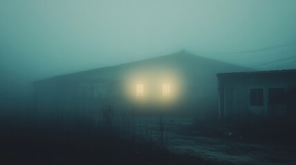 Foggy night, illuminated house, eerie scene.