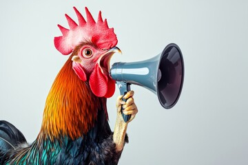 Rooster with Megaphone Funny Farm Animal Announcement Colorful Bird Advertising