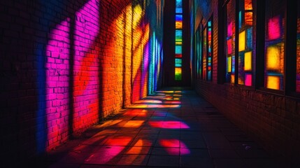 Here's a 10-word description of the image: Neon-lit brick alleyway