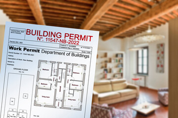 Building Permit concept with imaginary approved residential building project and residential home...