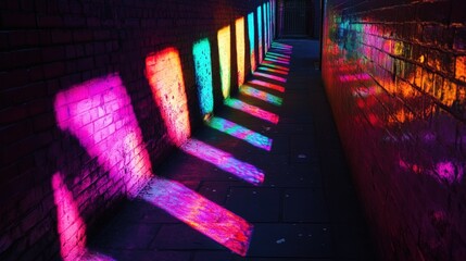 Rainbow light projections illuminate brick alleyway.