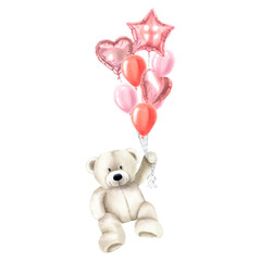 A teddy bear is holding a bunch of balloons and flying through the air. Hand drawn watercolor illustration of cute animal toy on isolated background for Valentine's Day, Baby shower, birthday.