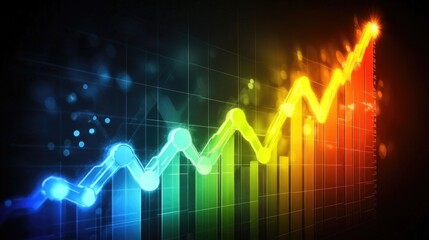 A glowing line graph showing an upward business trend on a dark background, with dynamic motion effects representing financial success