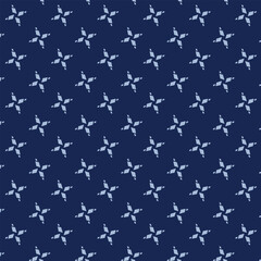 Small white flowers pattern doodle shapes motif continuous blue background. Modern floral fabric design textile swatch ladies dress, men's shirt all over print block.